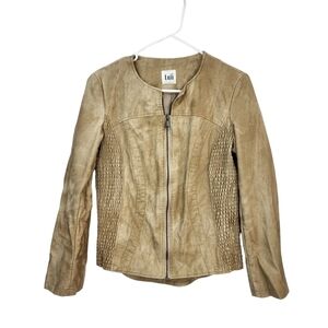 Luii Women's PU Blend Smocked Panel Collarless Moto Jacket - S